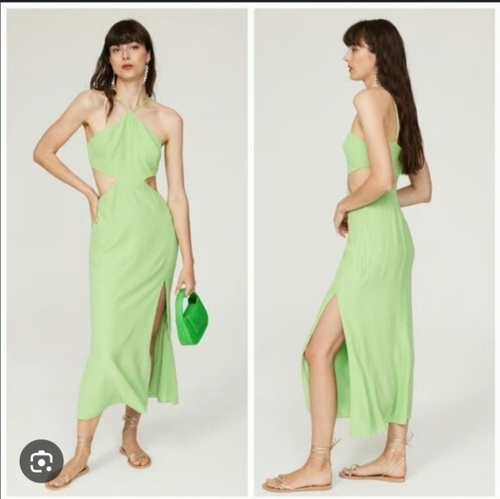 Louna Halter Cutout Green Side Slit Elegant Crepe Midi Dress Gown Size MED